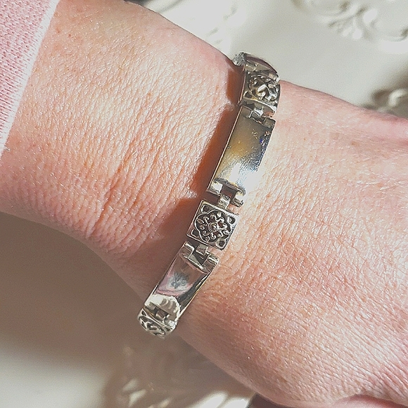 💕Brighton Tribeca Silver Plated Bar Heavy Linked Bracelet w/ Filagre Design - Picture 2 of 10